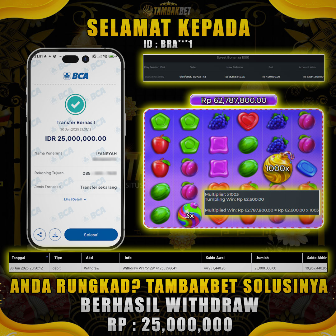 JACKPOT BERUNTUN SWEET BONANZA 1000 WD 25 JUTA